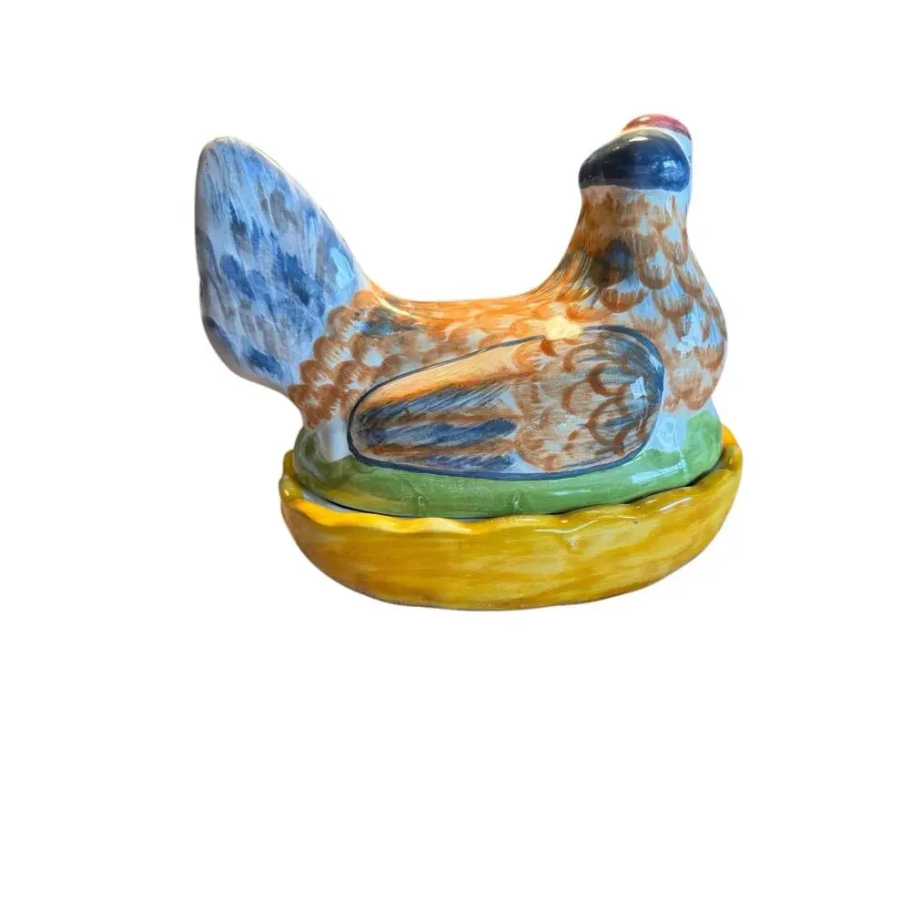 2 pc Chicken Canister Lid Colorful‎ Ceramic Hen Candy Jar Trinket Made Portugal